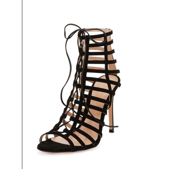 Gianvito Rossi Suede Caged Lace-Up Sandal BLACK 39 - Picture 2 of 6